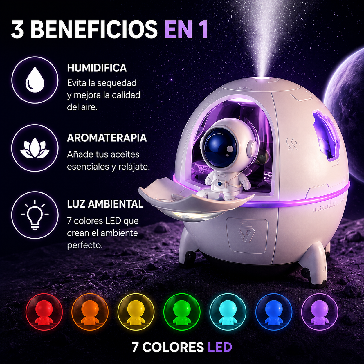 Humidificador Cápsula Espacial con Astronauta — Luz de Ambiente 7 Colores + Aromaterapia