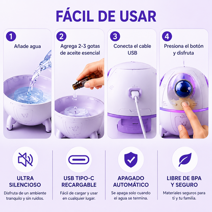 Humidificador Cápsula Espacial con Astronauta — Luz de Ambiente 7 Colores + Aromaterapia