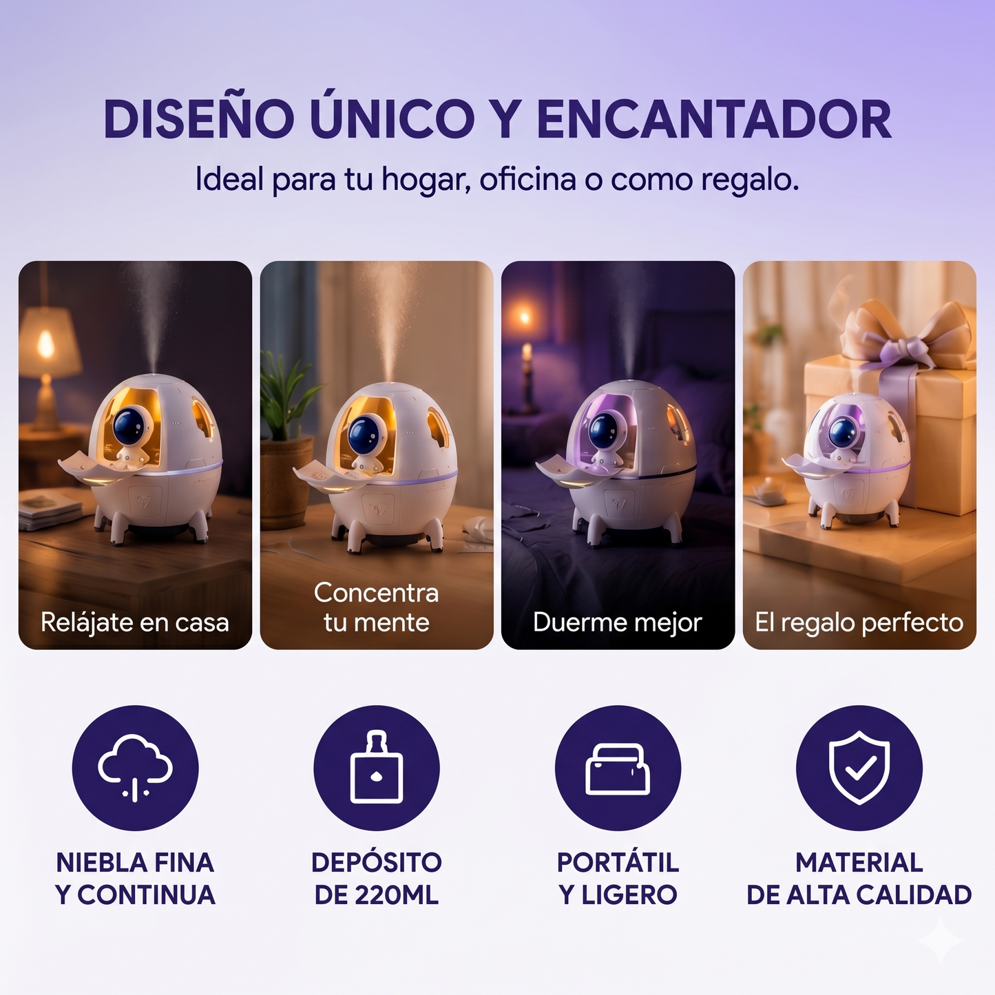 Humidificador Cápsula Espacial con Astronauta — Luz de Ambiente 7 Colores + Aromaterapia